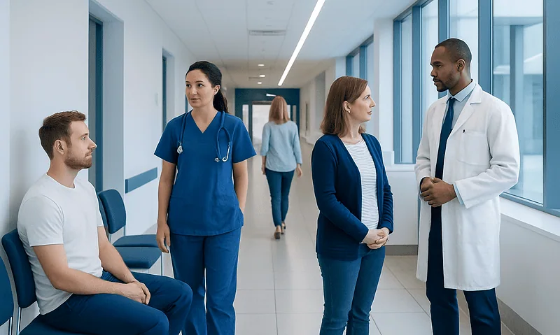Medical consultation in hospital corridor with healthcare professionals and patient.