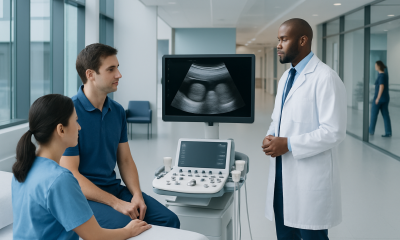 Doctor explaining ultrasound results to patients in hospital corridor.