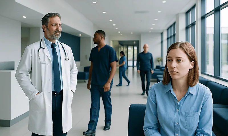 Doctor consulting with a young woman in a hospital corridor.