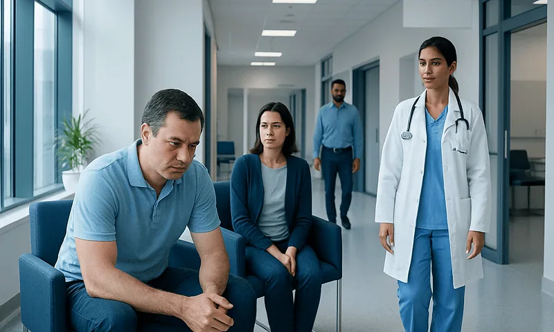 Doctor consulting male patient in hospital corridor with waiting patients.