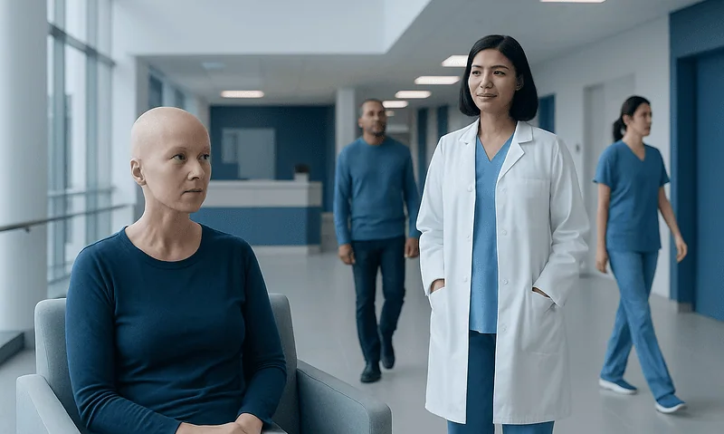 Patient with hair loss consulting with medical staff in hospital corridor.