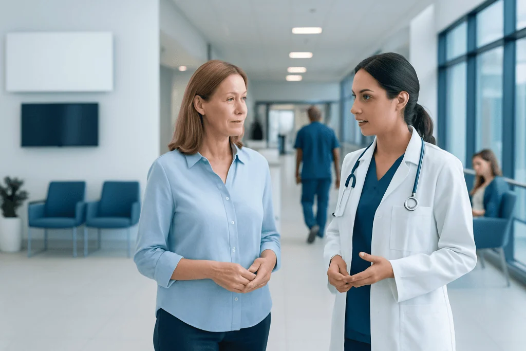 Thyroid Treatment Options for Common Conditions 1 Doctor consulting with a patient in a modern hospital corridor.