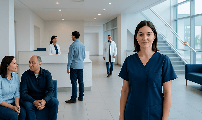Healthcare professionals and patients in a modern hospital lobby.