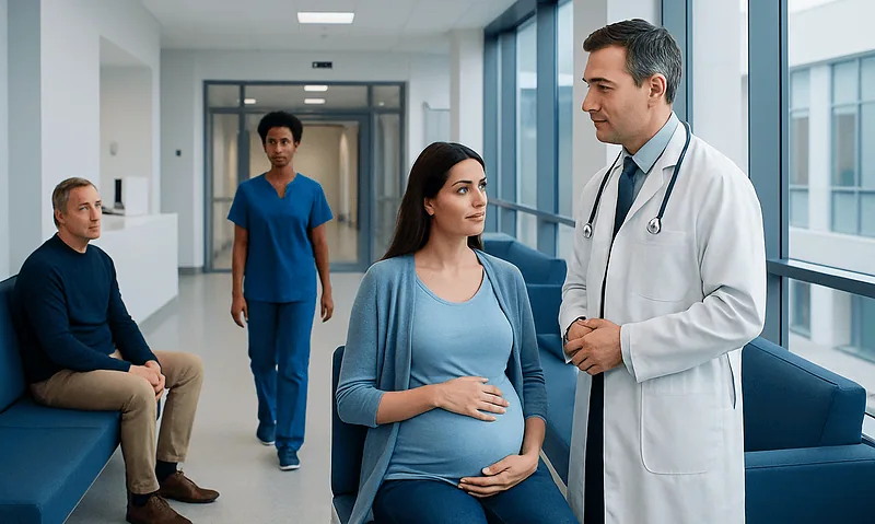 Pregnant woman consulting with doctor in hospital corridor.