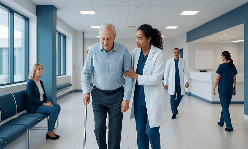 Elderly man with cane receiving assistance from a healthcare professional in hospital corridor.