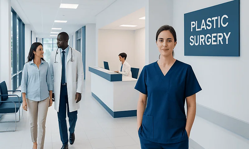 Healthcare professionals at a plastic surgery clinic entrance.
