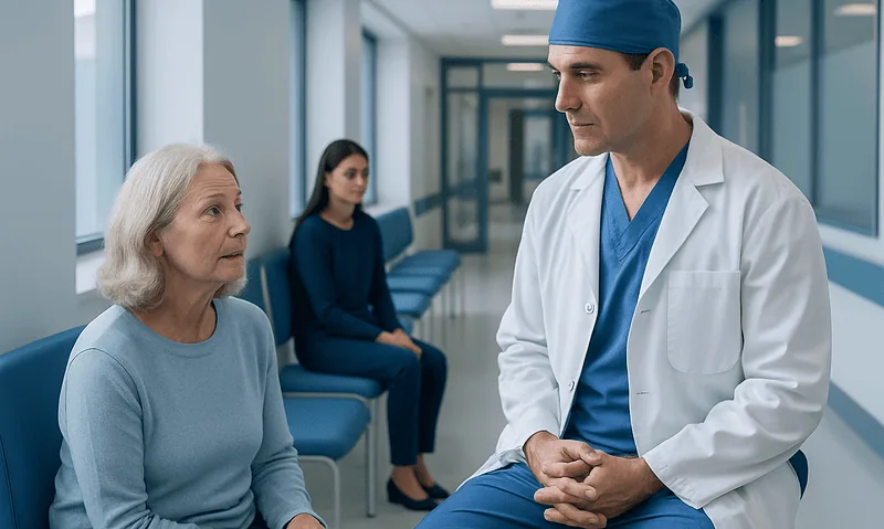 Valve Surgery Risk: Procedure, Recovery and Results 5 Doctor consulting elderly patient in hospital corridor.