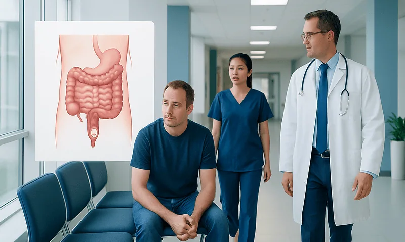 Doctor and nurse with patient in hospital corridor near digestive system diagram.
