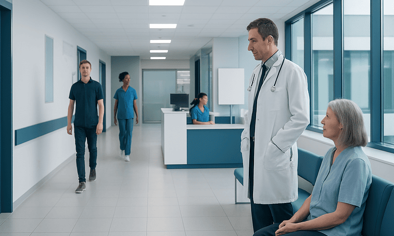 Doctor consulting with elderly patient in hospital corridor.