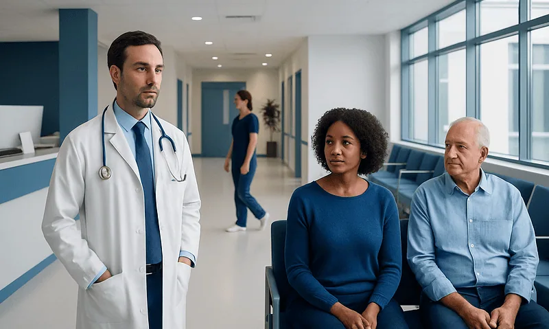 Doctor consulting with two patients in hospital corridor.