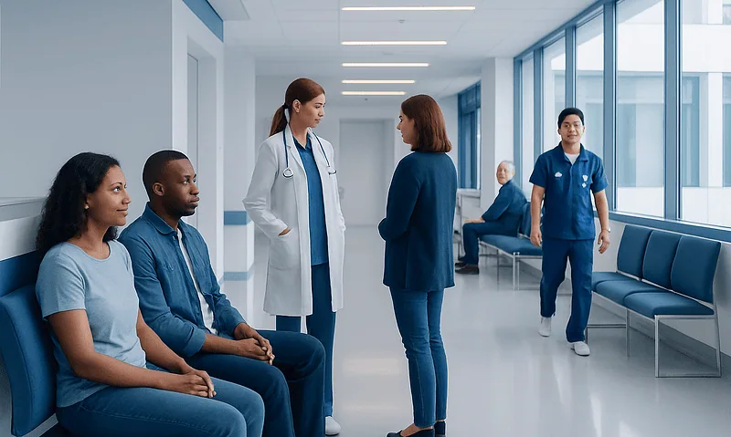Hospital waiting area with medical staff and patients at Acibadem Hospitals Group.