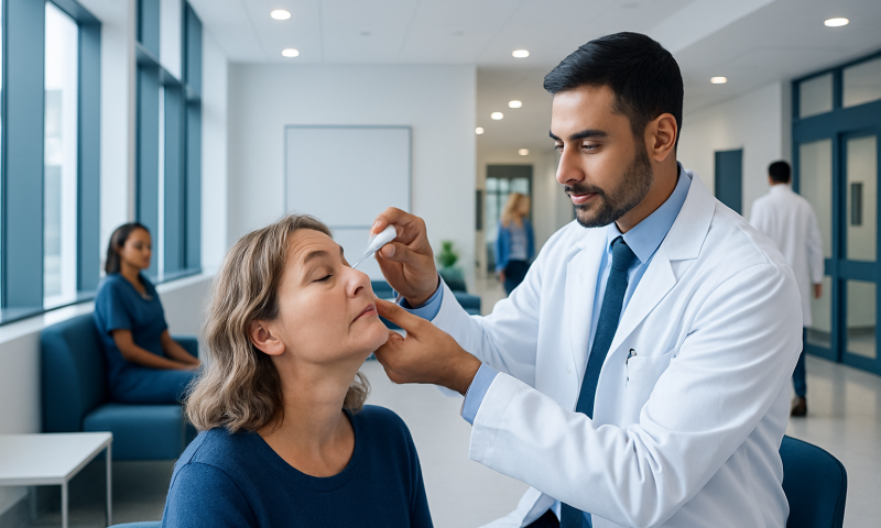 Ophthalmologist examining a woman's eyes in a modern clinic setting.