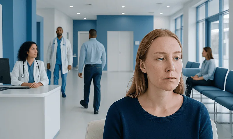 Patient waiting in a hospital corridor with medical staff in the background.