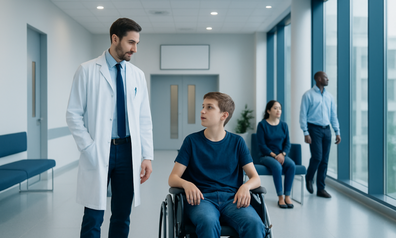 Doctor talking to a young patient in a wheelchair in a hospital corridor.