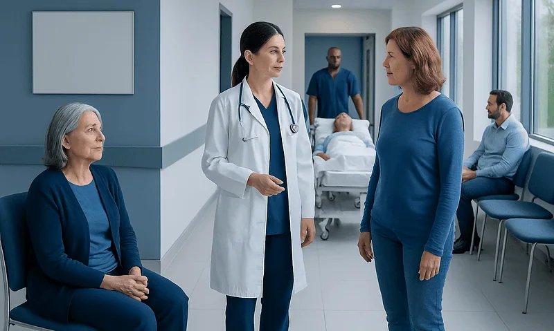 Doctor consulting with patient in hospital corridor with other patients in background.