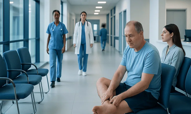 Patient with foot pain waiting in hospital corridor at Acibadem Hospitals Group.