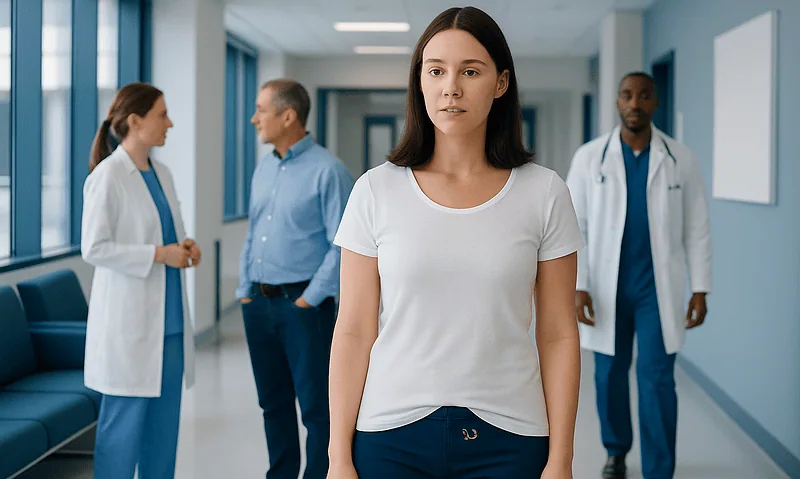 Young woman patient waiting in hospital corridor with medical staff nearby.