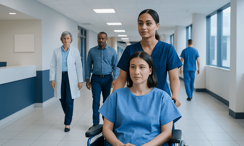 Healthcare professionals and patient in hospital corridor, woman in wheelchair with nurse.