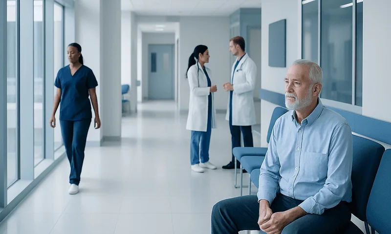 Senior patient waiting in hospital corridor with medical staff nearby.