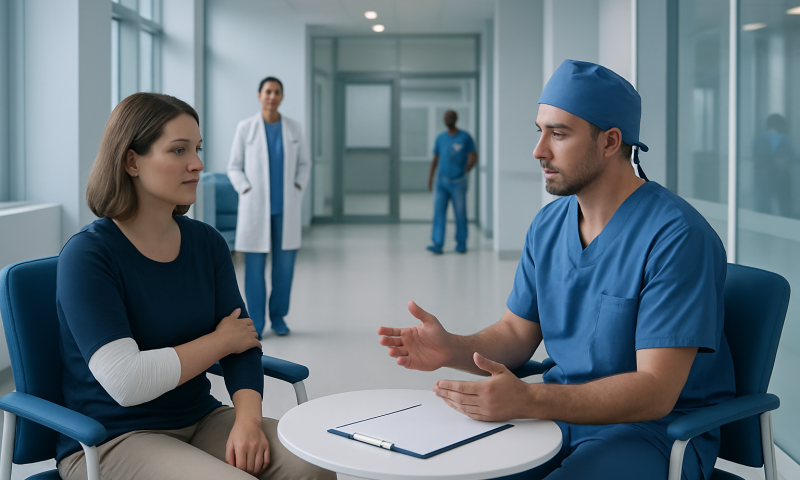 Elbow Surgery: Procedure, Recovery and Results 15 Doctor consulting with a patient in a hospital corridor.