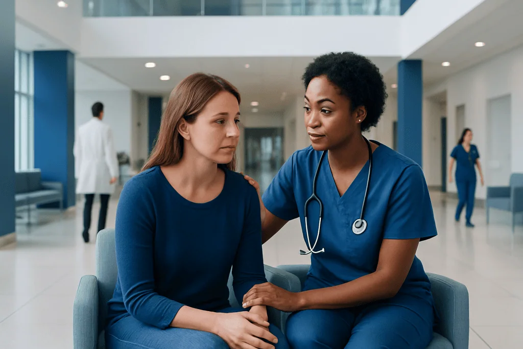 Emotional Support — Explained by Medical Evidence, Not Myths 1 Nurse providing emotional support to a patient in hospital lobby.