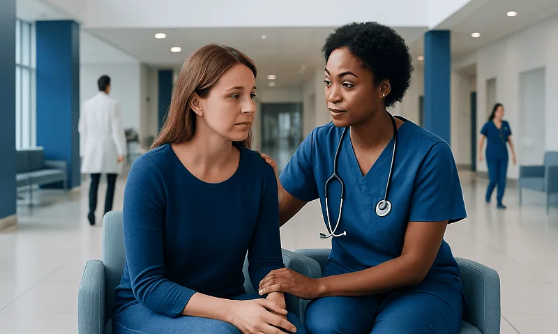 Nurse providing emotional support to a patient in hospital lobby.