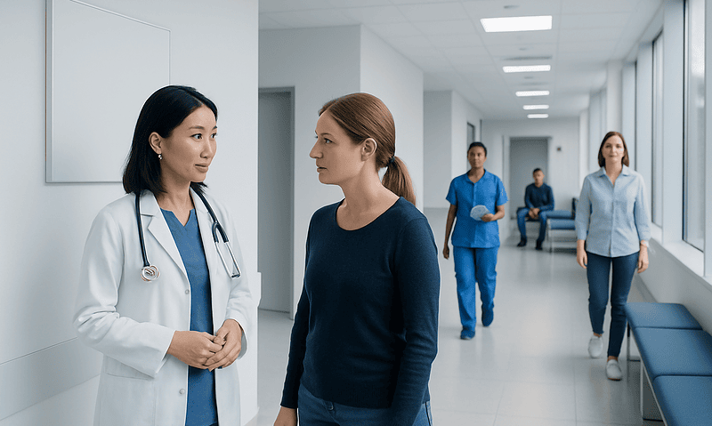 Doctor consulting a patient in a hospital corridor at Acibadem Hospitals Group.