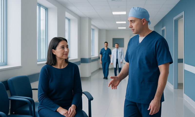 Endometrial Cancer Surgery: Procedure, Recovery and Results 8 Doctor consulting a patient in a hospital corridor.