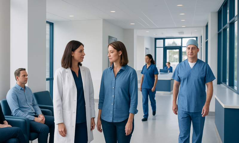Endometriosis Surgery Discovery: Procedure, Recovery and Results 12 Medical team discussing patient care in hospital corridor.