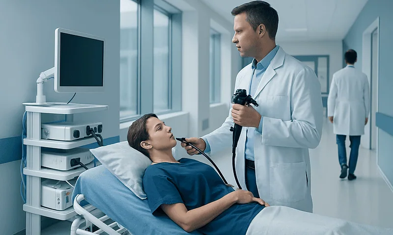 Endoscopy Esophagus Cancer: Preparation, Procedure and Results 5 Doctor performing endoscopy on patient in hospital corridor.