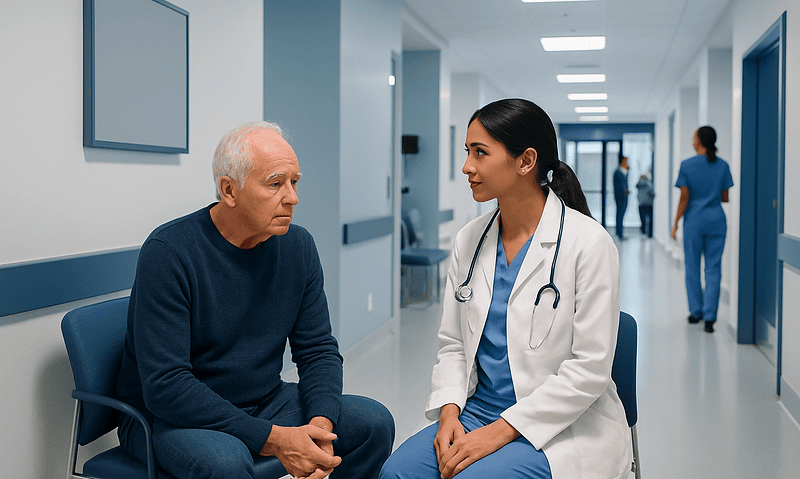 Doctor consulting with elderly male patient in hospital corridor.