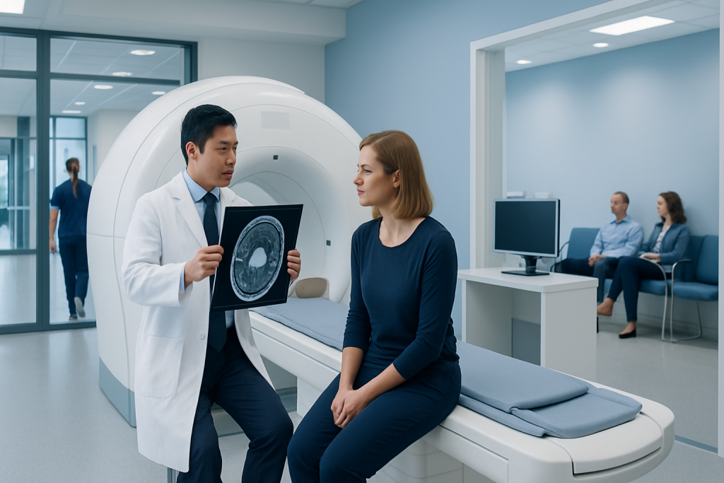 Ependymoma on MRI: Preparation, Procedure and Results 1 Doctor explaining MRI scan results to a patient in a hospital setting.