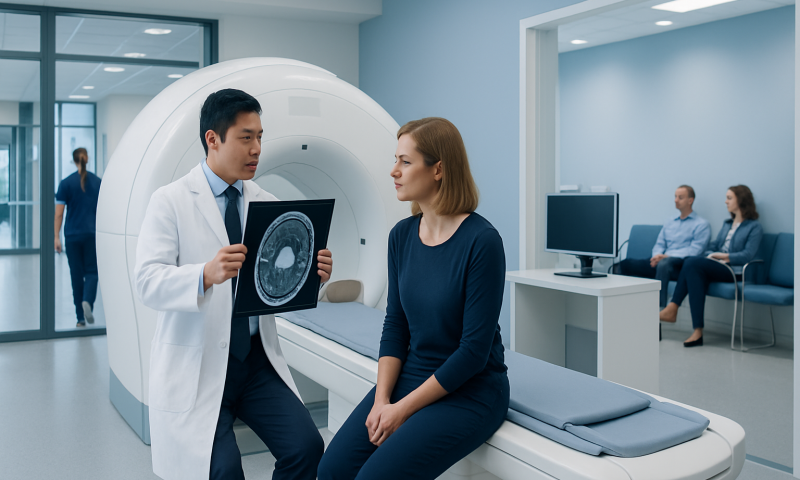 Doctor explaining MRI scan results to a patient in a hospital setting.