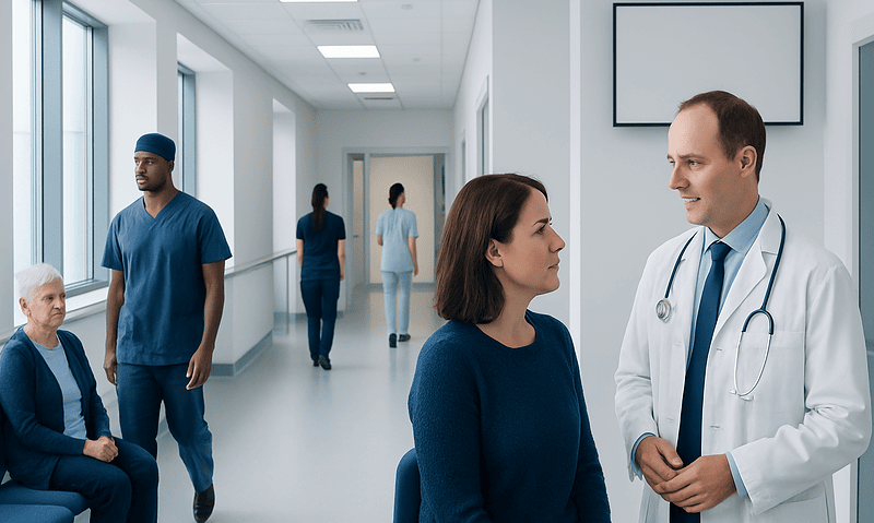 Doctor consulting female patient in hospital corridor with medical staff in background.