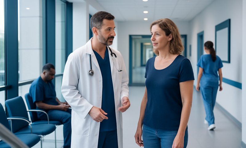 Doctor consulting a patient in a hospital corridor with staff in the background.