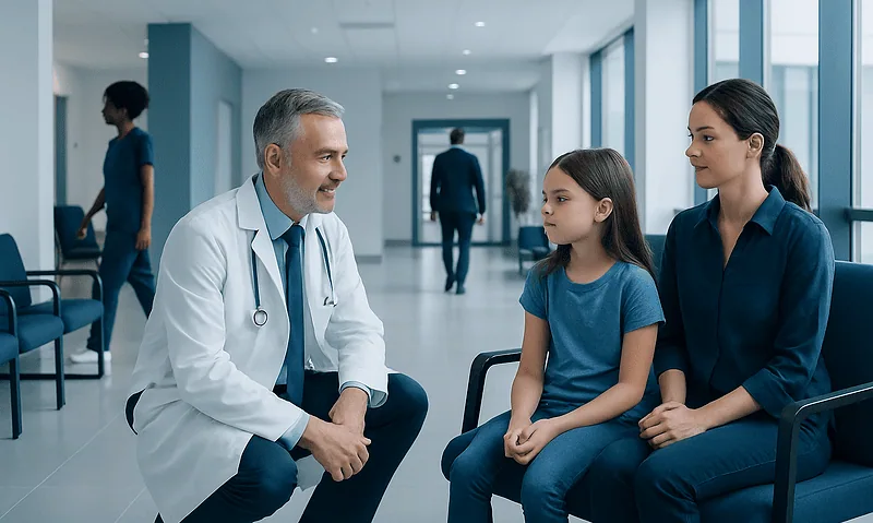 Doctor consulting with young girl and mother in hospital waiting area.