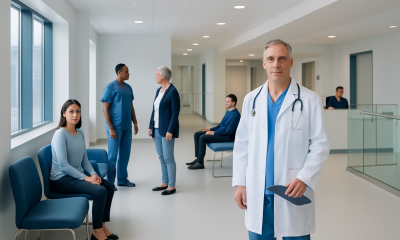 Medical staff and patients in a modern hospital corridor.