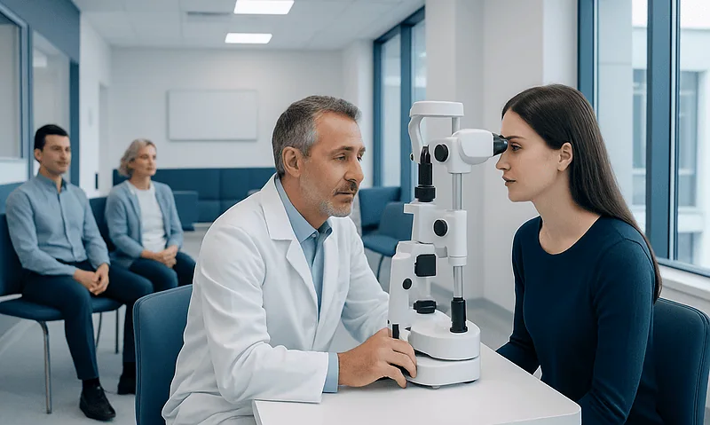 Optometrist examines patient's eyes with slit lamp in clinic.