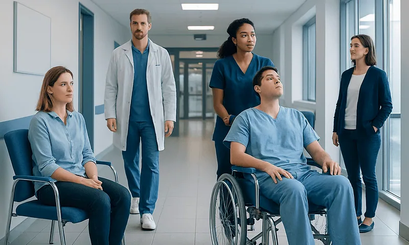 Hospital staff and patient in wheelchair in corridor at Acibadem Hospital.