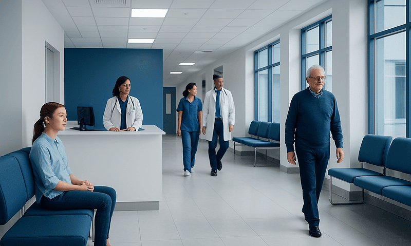 Hospital corridor with medical staff and patient in waiting area.