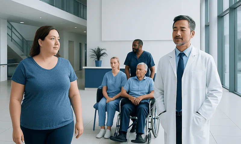 Medical consultation in a modern hospital with diverse patients and doctor.