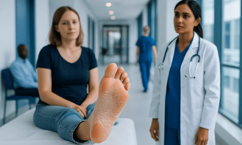 Patient with foot skin condition consulting a doctor in hospital corridor.