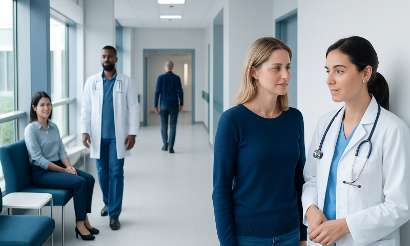 Medical consultation in a hospital corridor with female doctor and patient.