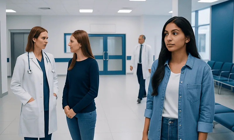 Patients and doctors in a hospital corridor at Acibadem Hospitals Group.