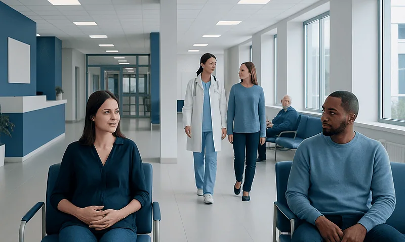Patients waiting in a modern hospital corridor with medical staff nearby.