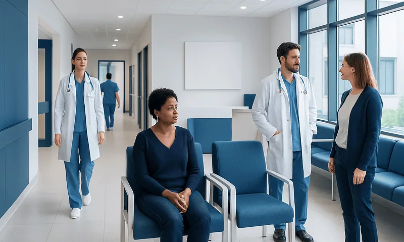 Medical consultation in a modern hospital corridor with doctors and patient.