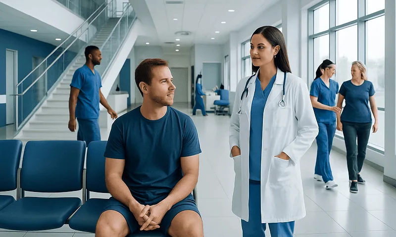 Patient consulting with doctor in hospital waiting area.