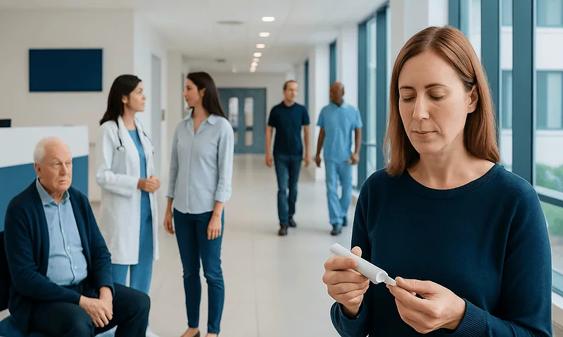 Patient waiting in hospital corridor with medical staff and visitors present.