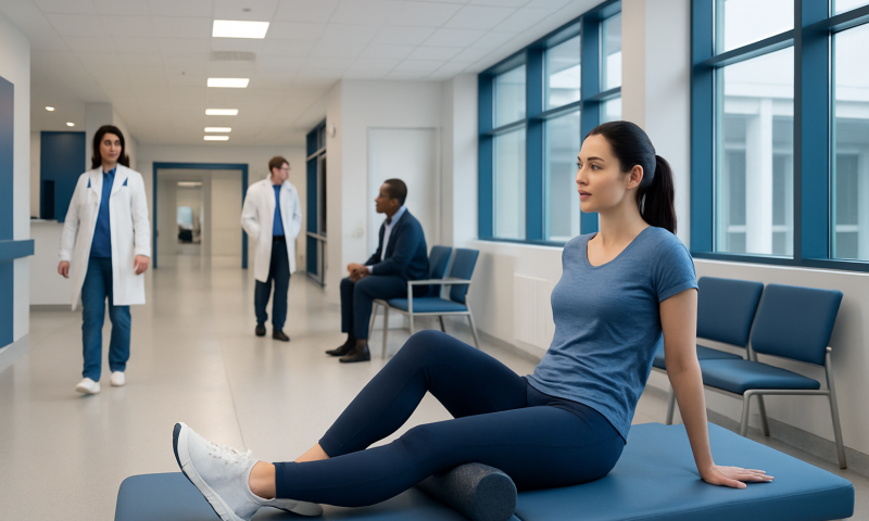 Patient using foam roller for fascia release in hospital corridor.