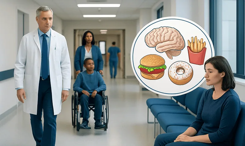 Doctor and patient discussing foods affecting neurological health in hospital corridor.